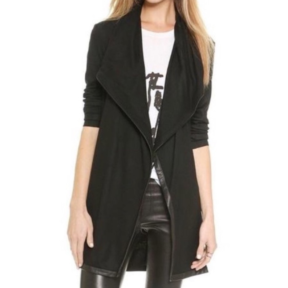 Helmut Lang Black Sonar Wool Leather-Trimmed Draped Cardigan